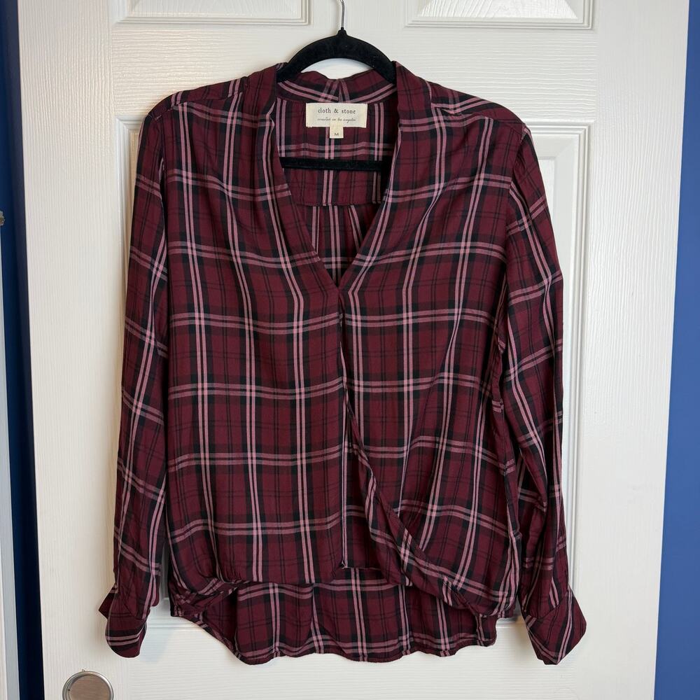 Cloth & Stone Blouse Womens M Burgundy Plaid Crossover V Neck Long Sleeve
